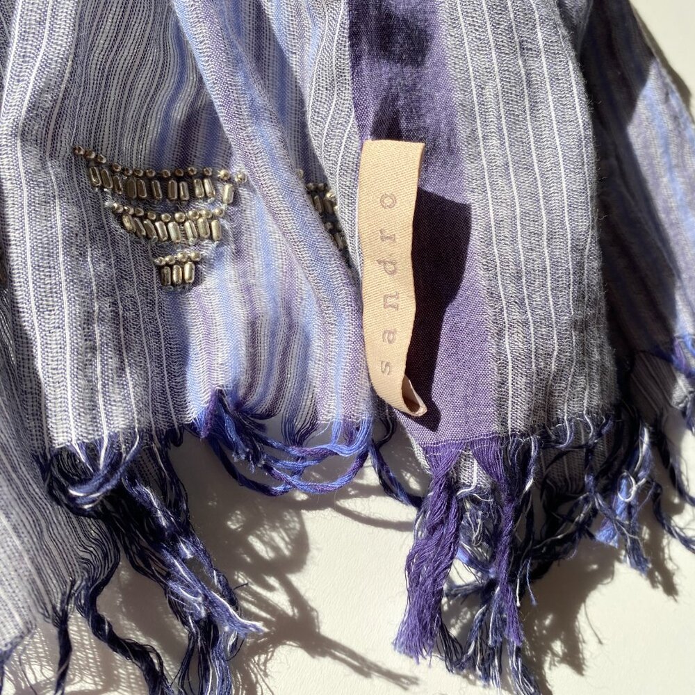 Sandro Paris Lavender Stripe 100% Cotton Scarf Fringe Beaded Large Wrap 30"x76"